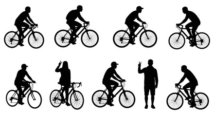 Obraz premium Silhouettes of people cycling and one person waving, representing various outdoor recreational activities.