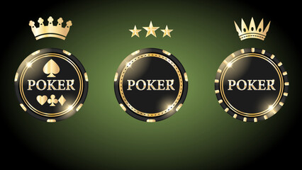 Elegant Poker Chips with Golden Accents Showcasing Classic Card Symbols on a Green Background