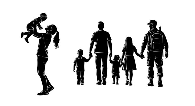 Black silhouettes of a mother holding her baby and a family with a soldier, representing family, care, and military life.