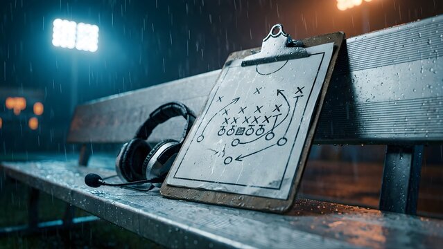Close-up of a coach's tactical clipboard with diagrams and a headset on a wet metal bench under stadium lights.