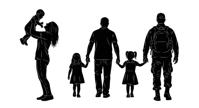 Black silhouettes of a military family with parents, children, and a baby on a white background.