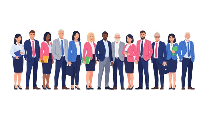 A diverse group of professional business people standing together in a line, dressed in formal attire.