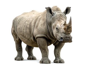 Obraz premium A gray rhinoceros stands facing right