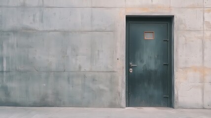 Fototapeta premium Minimalist Black Steel Door on a Textured Concrete Wall in an Urban Architectural Setting