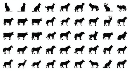 Collection of diverse animal silhouettes featuring domestic pets farm animals and wildlife perfect for logo design educational content or graphic elements