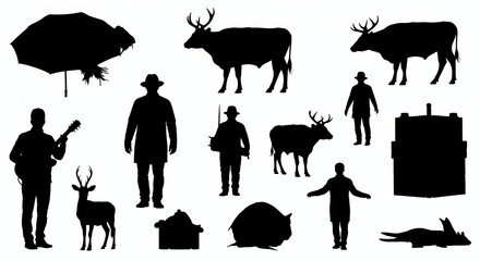 Set of various black vector silhouettes featuring animals like deer and cattle human figures and common objects useful for graphic design and illustration isolated on white