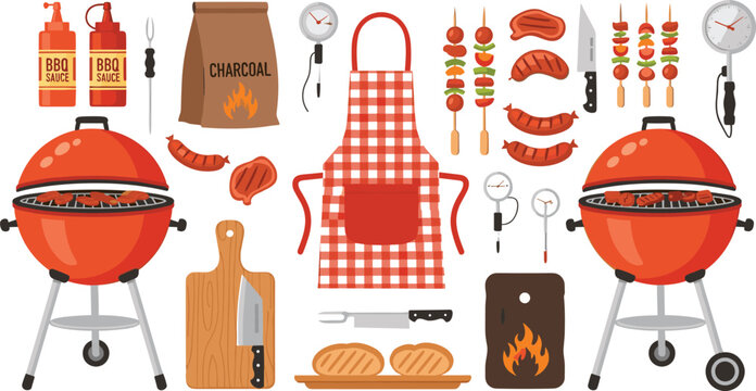 Barbecue Grill And BBQ Tool Set With Apron Charcoal Skewers Meat Thermometers And Sauce Bottles In Flat Vector Illustration