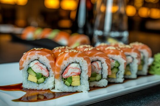 Delicious fresh salmon sushi rolls with avocado and crab are neatly arranged on a white plate.