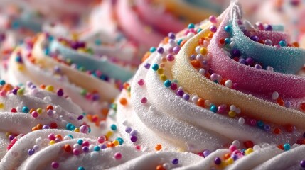 Colorful Swirls of Icing with Sprinkles on a Dessert Surface