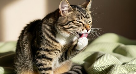Tabby cat grooming itself on a green blanket indoors.