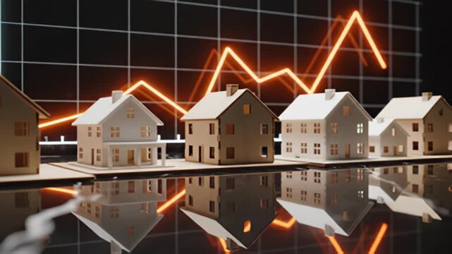 Real estate market growth houses with rising graph investment concept