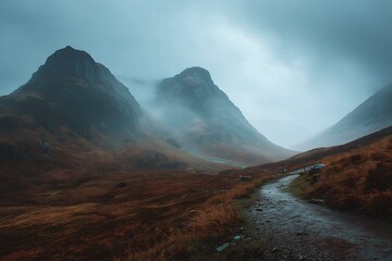 Moody Scottish Highlands Mountain Scenery with Misty Hills and Winding Paths
, wallpaper 