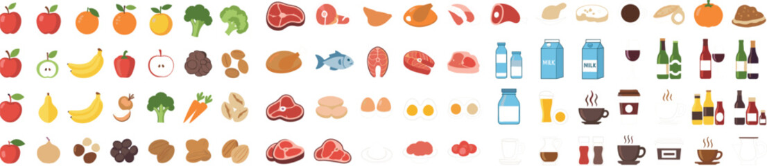 Mega set of flat food and beverage icons featuring fruits vegetables meat poultry seafood dairy products coffee and alcoholic drinks on grey background