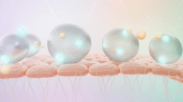 Microscopic view of skin cells absorbing large spherical molecules for hydration.