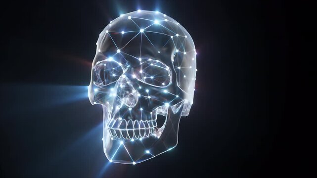 A glowing wireframe skull in blue light conveys futuristic science, digital identity, and human&ndash;technology connection, ideal for AI, medical, or cyber concept visuals.