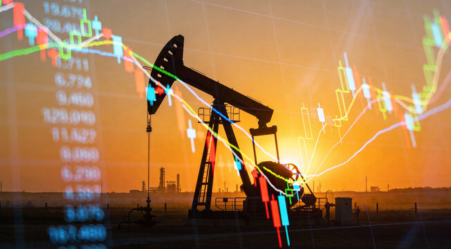 Sunset silhouette of an oil pumpjack combined with dynamic stock market graphs and numbers