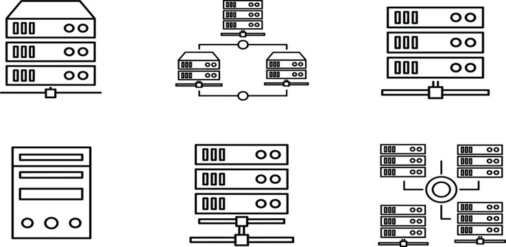 Data center server icons featuring network hosting racks, cloud computing database storage, computer hardware mainframe systems, and digital information technology 