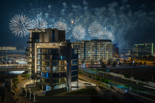 High Angle View of Al Raha Beach Waterfront with Fireworks from Yas Island Abu Dhabi