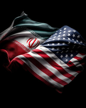 USA and Iran flags dramatically whipping together in wind on black background; concept for international relations, diplomacy, global conflict, 250 years of American Independence, and Iran Revolution 