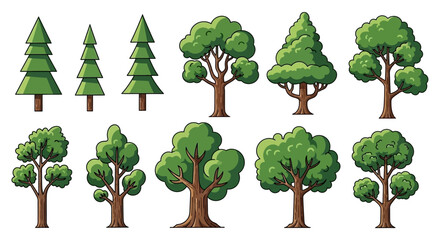 A collection of various pixel art trees, including coniferous and deciduous varieties, presented in a top-down perspective. © Avoxel
