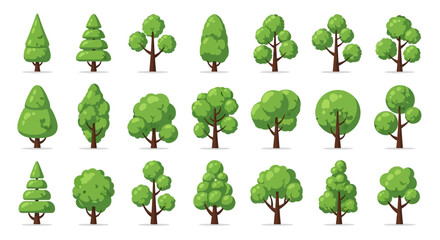 A collection of various cartoon-style green trees with different shapes and sizes, presented on a white background. © Avoxel