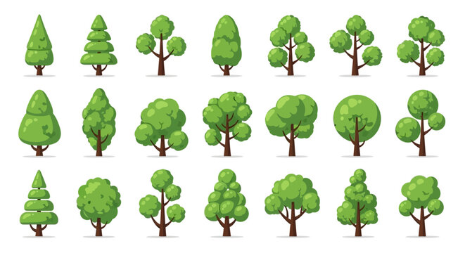 A collection of various cartoon-style green trees with different shapes and sizes, presented on a white background.
