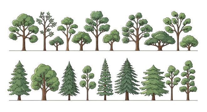 A collection of diverse deciduous and coniferous trees, showcasing various shapes and sizes in a clean, illustrative style.