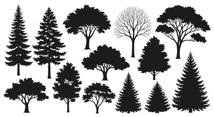 A collection of diverse tree silhouettes, showcasing various shapes and sizes of deciduous and coniferous trees. © Avoxel