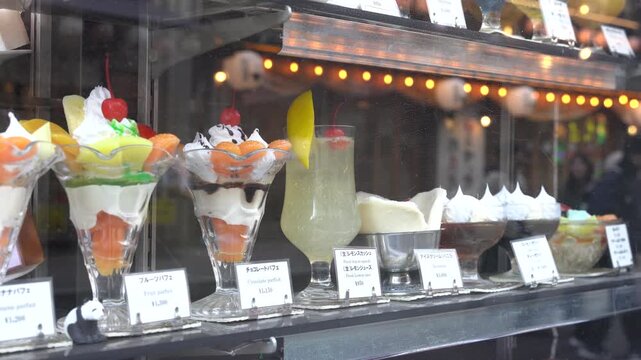 Retro Japanese cafe food display with plastic food samples
