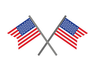 Two crossed American flags waving in the wind, symbolizing unity and patriotism, against a plain background from a straightforward viewpoint.