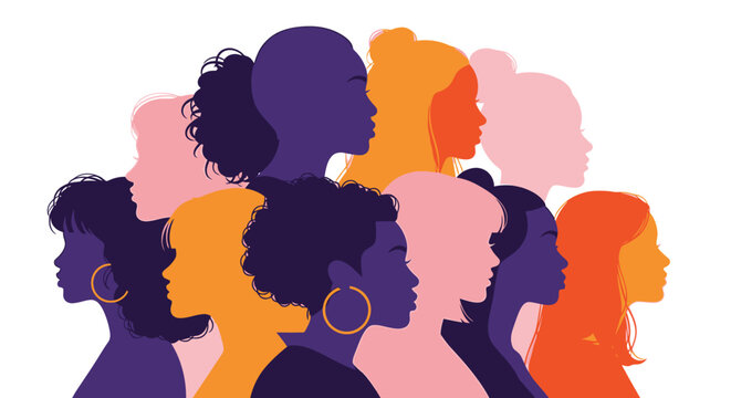 A diverse group of women of color are depicted in profile, showcasing a variety of hairstyles and skin tones in vibrant colors.