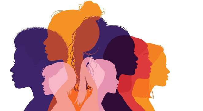 Diverse group of women of various ethnicities and ages, depicted in profile silhouettes with vibrant colors.