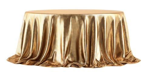 Luxurious gold fabric draped over circular table, isolated on transparent cutout background