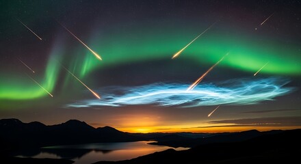 Spectacular Aurora Borealis and Meteor Shower Over Tranquil Landscape.