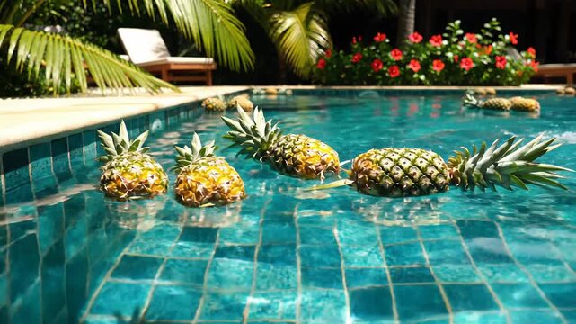 Pineapples Floating in a Tropical Swimming Pool
