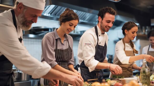 Group of enthusiastic students learning to cook with a skilled chef in a modern kitchen during an engaging cooking class
