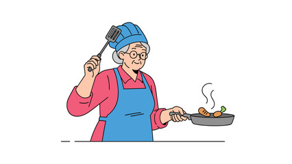 Cheerful senior woman in blue chefs hat and apron frying fresh vegetables in pan with steam rising in her domestic kitchen.