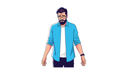 Sad young man with beard and glasses in blue shirt looking down with depressed expression on white background.