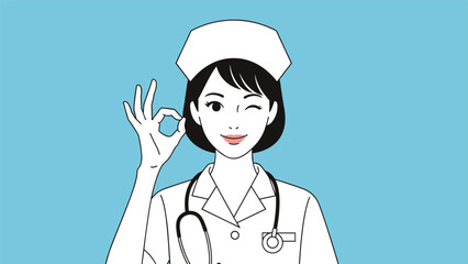 Friendly female nurse in white medical uniform and cap winking and making okay hand sign against bright blue background.