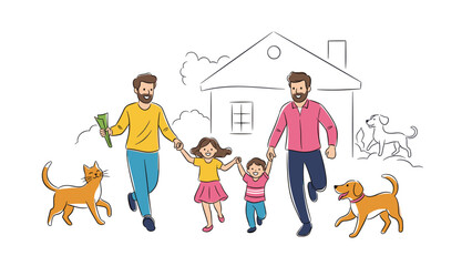 Happy diverse family with two fathers and children running together with their pet dog and cat near their suburban house.