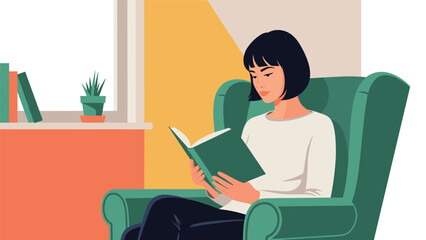 Young woman sitting in a cozy green armchair and reading an interesting book near a bright window with house plants in her living room.