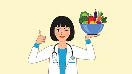 Professional female nutritionist in white lab coat holding bowl of fresh vegetables and making thumbs up sign of approval.