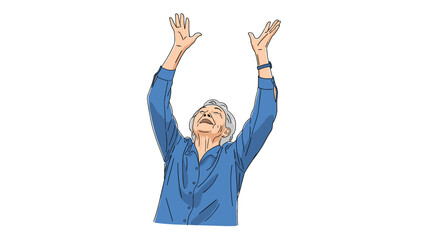 Faithful senior woman in blue shirt looking up with arms raised in worship prayer or reaching for something on white background.