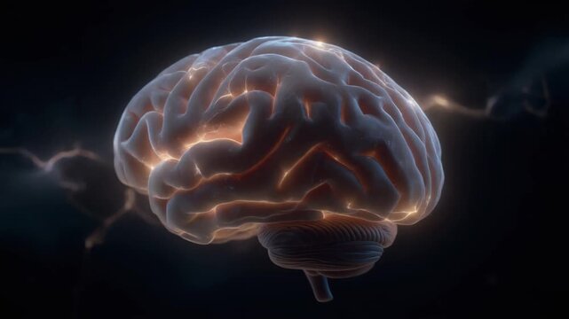 A glowing human brain with electrical activity and lightning in a dark background.