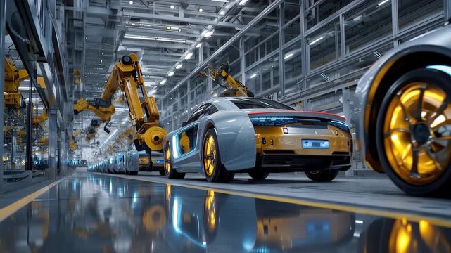 Modern automotive assembly process showcases robotic technology in action as vehicles progress through a highly automated production line with precision and efficiency