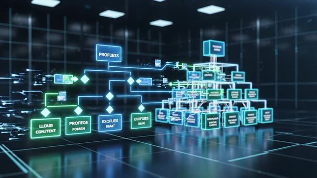 A neon-blue, futuristic diagram with glowing nodes and connecting lines, overlaid on a grid