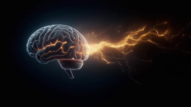 A glowing human brain emitting a powerful stream of golden electrical energy against a dark background, symbolizing thought and mental power.
