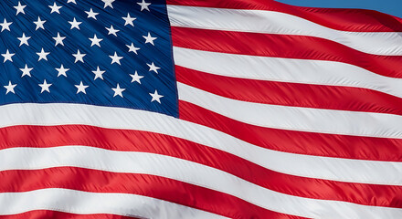 Obraz premium Waving American Flag Close-Up with Realistic Texture and Patriotic Red White Blue Stripes