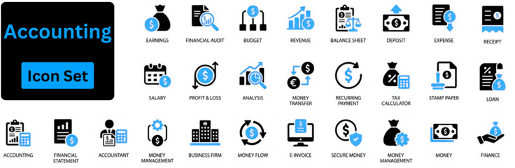 Accounting icon set. Accounting solid icon set containing financial statement, audit, financial report, invoice. 