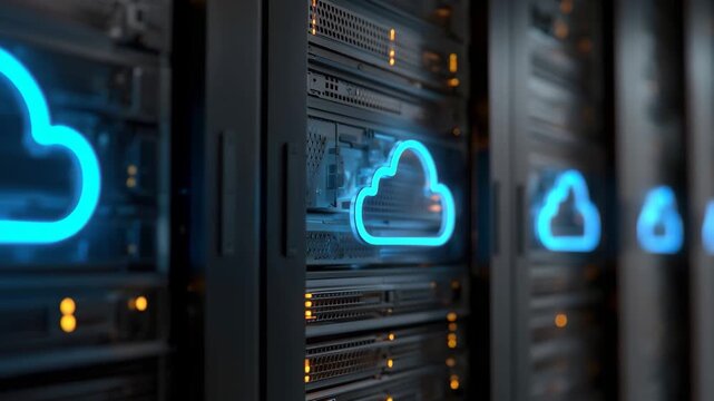 Closeup of modern server racks with bright blue cloud symbols depicting advanced technology and data storage solutions in a high-tech environment